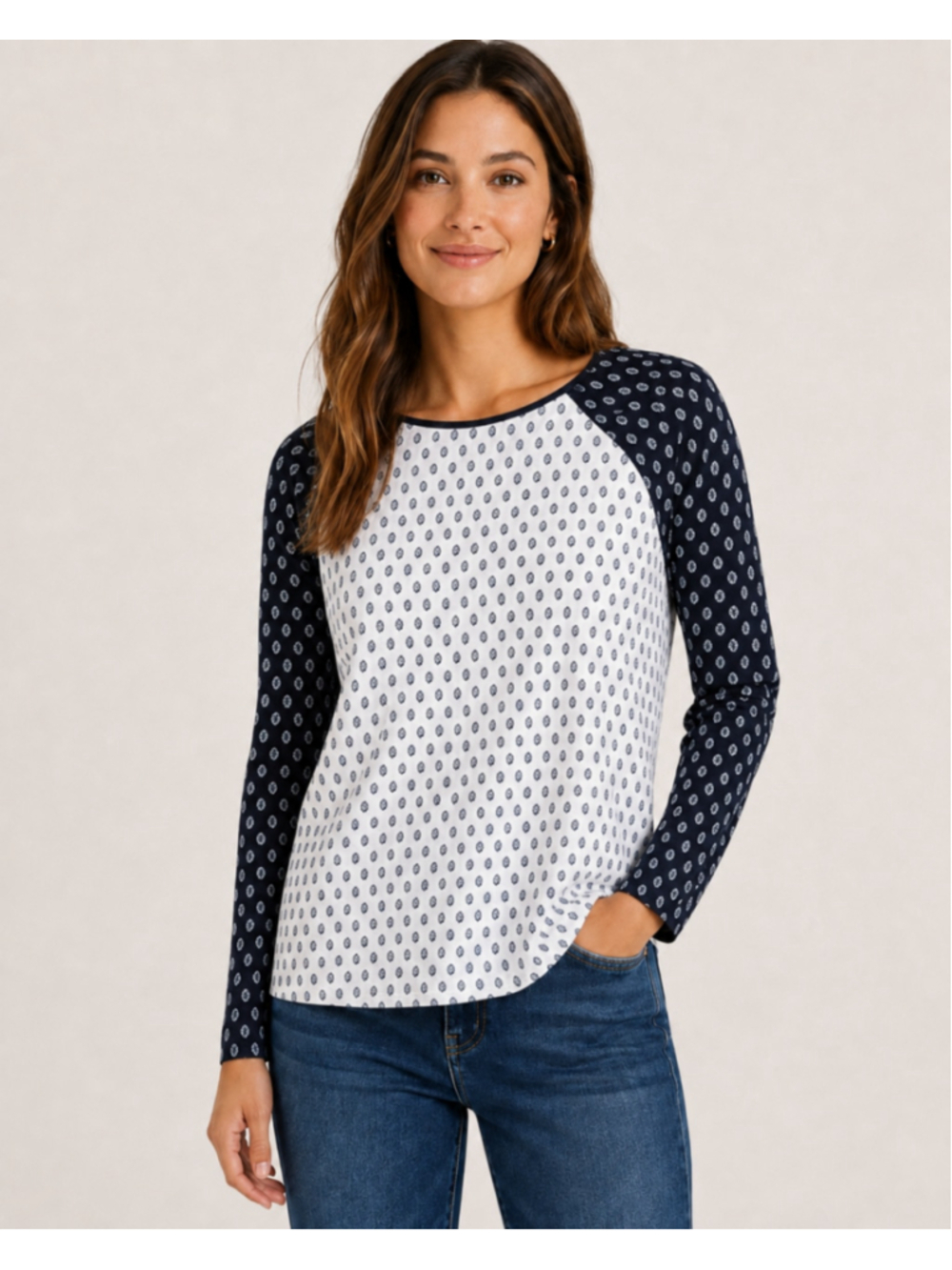 LOFT Mixed Media Long Sleeve Printed Fall Shirt Top S